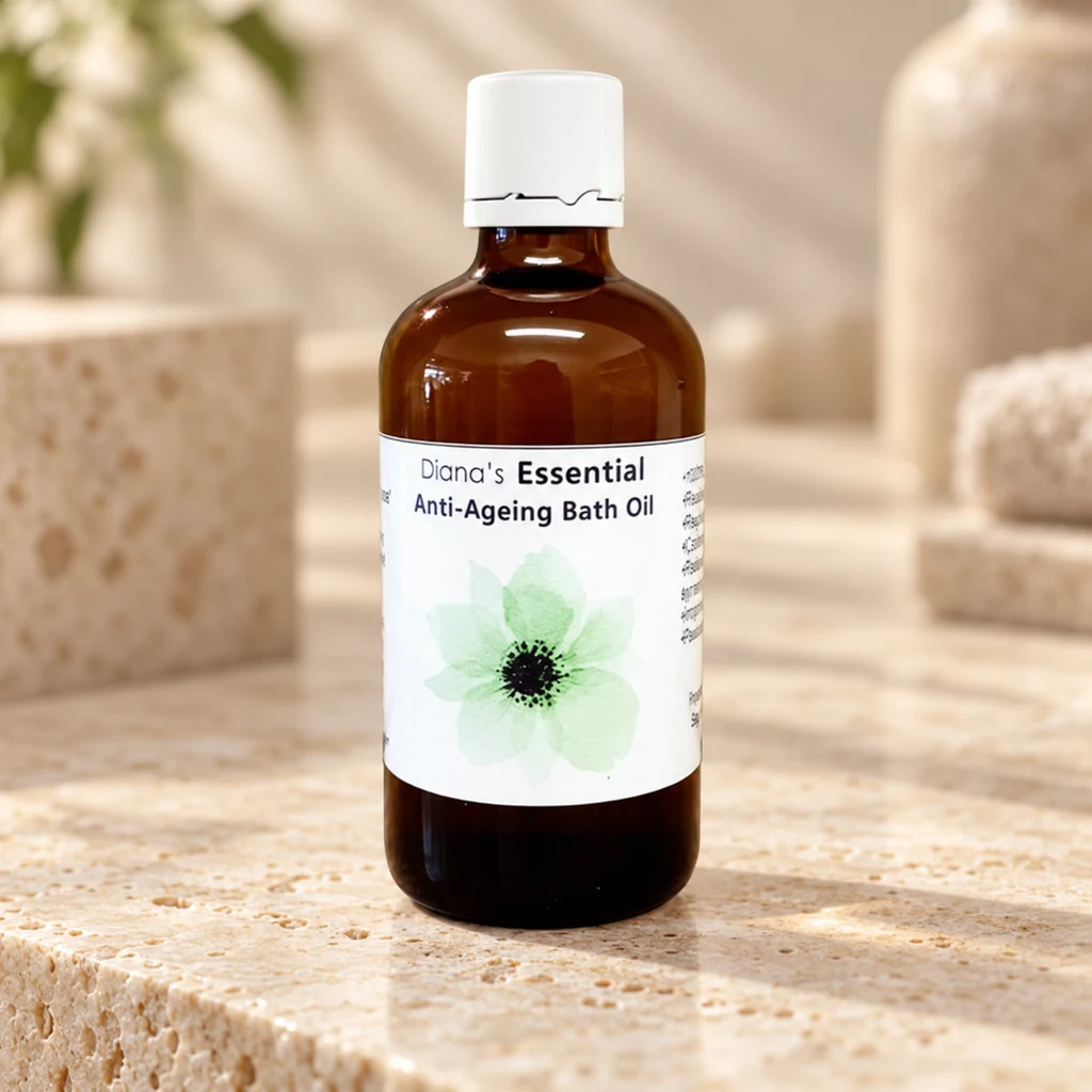 Essential Anti-Ageing Bath Oil — Diana's product in a warm stone editorial setting