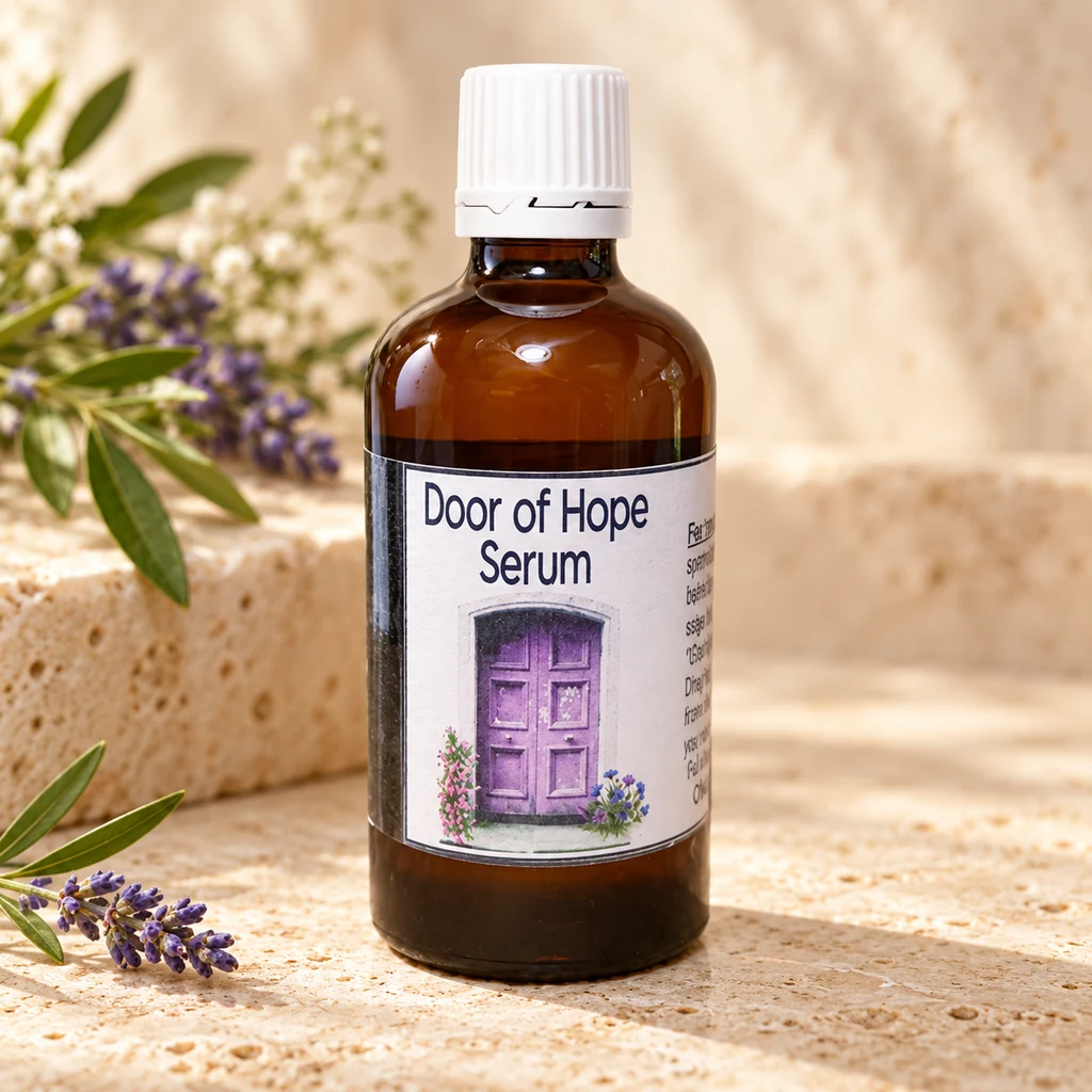 Door Of Hope Serum — Diana's product in a warm stone editorial setting