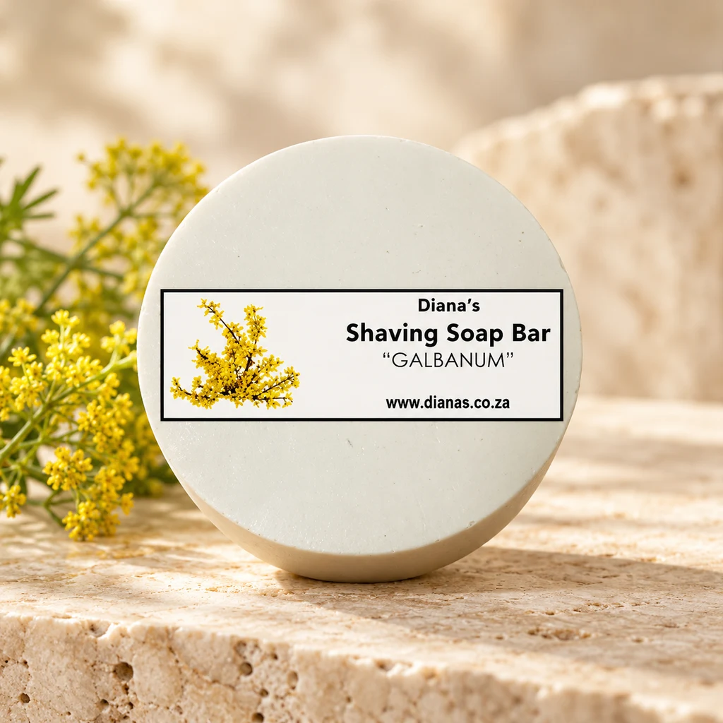 Shaving Galbanum Soap Bar — Diana's product in a warm stone editorial setting
