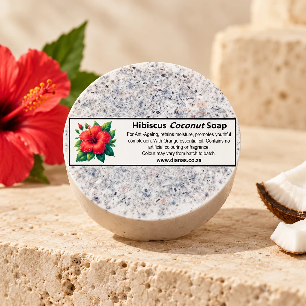 Hibiscus Coconut Soap Bar — Diana's product in a warm stone editorial setting