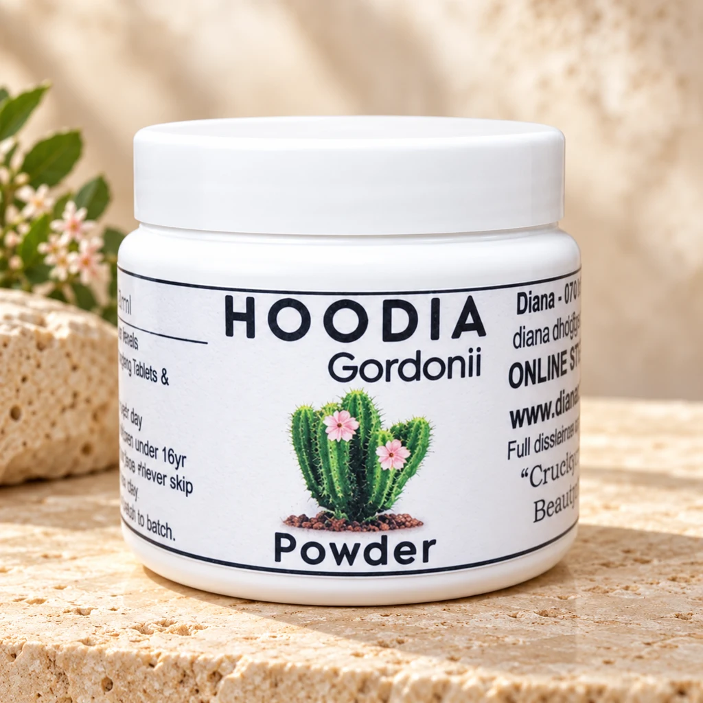 Hoodia Gordonii Powder — Diana's product in a warm stone editorial setting
