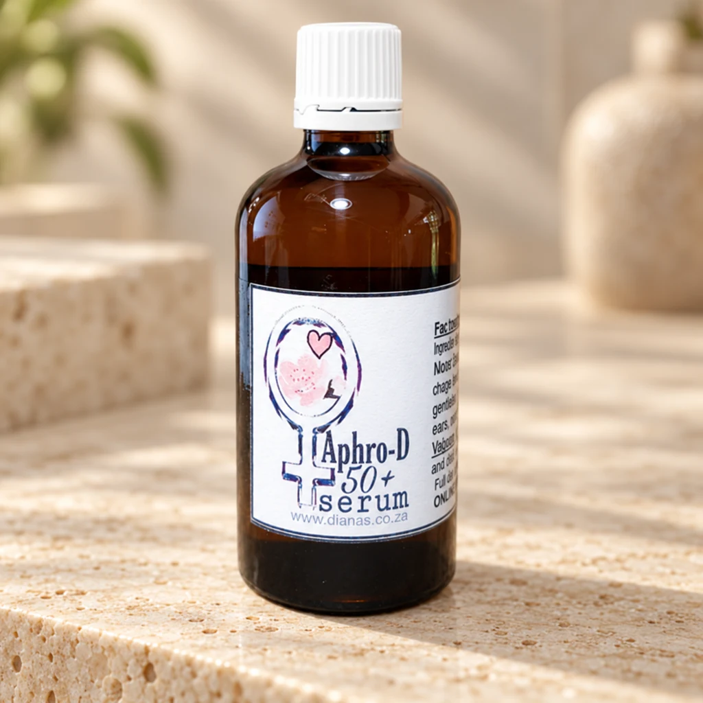 Aphro-D 50+ Support Serum — Diana's product in a warm stone editorial setting