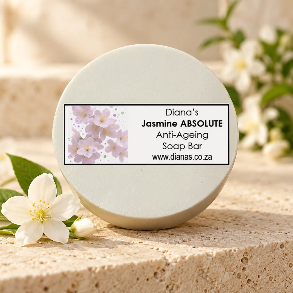 Jasmine Absolute Anti-Ageing Soap Bar — Diana's product in a warm stone editorial setting