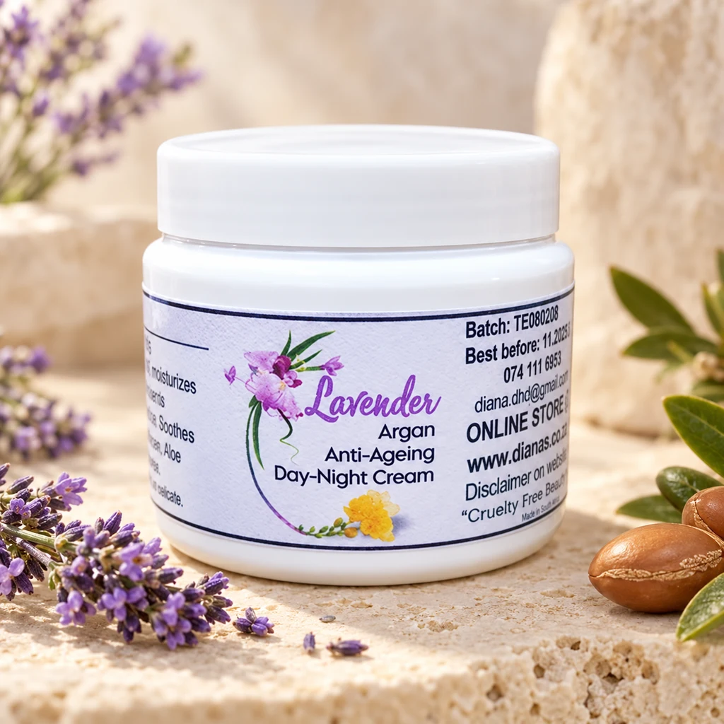 Lavender-Argan Anti-Ageing Day-Night Cream — Diana's product in a warm stone editorial setting