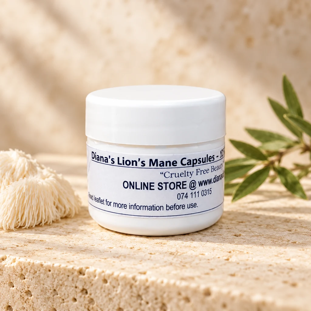 Lion’s Mane Dual Extract 600mg “Vegan” Capsules – 10’s — Diana's product in a warm stone editorial setting