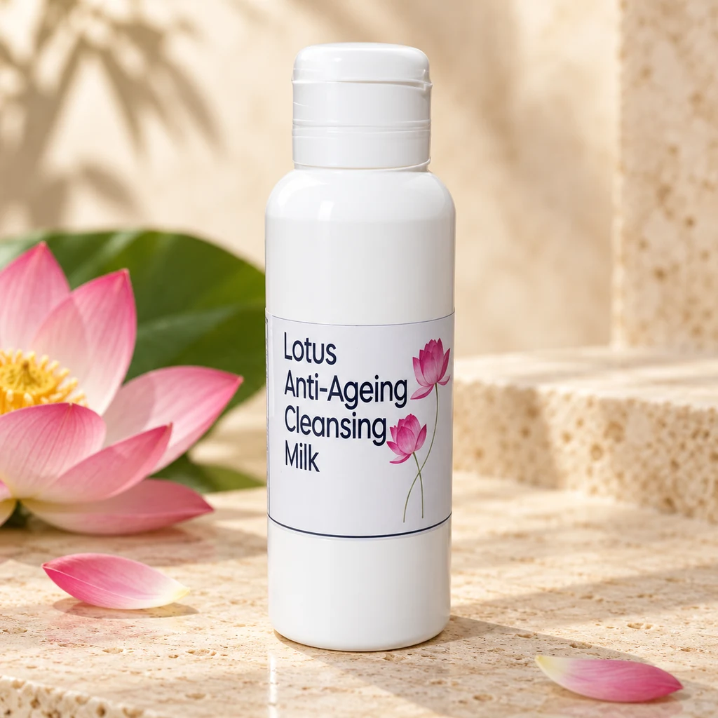Lotus Anti-Ageing Cleansing Milk — Diana's product in a warm stone editorial setting