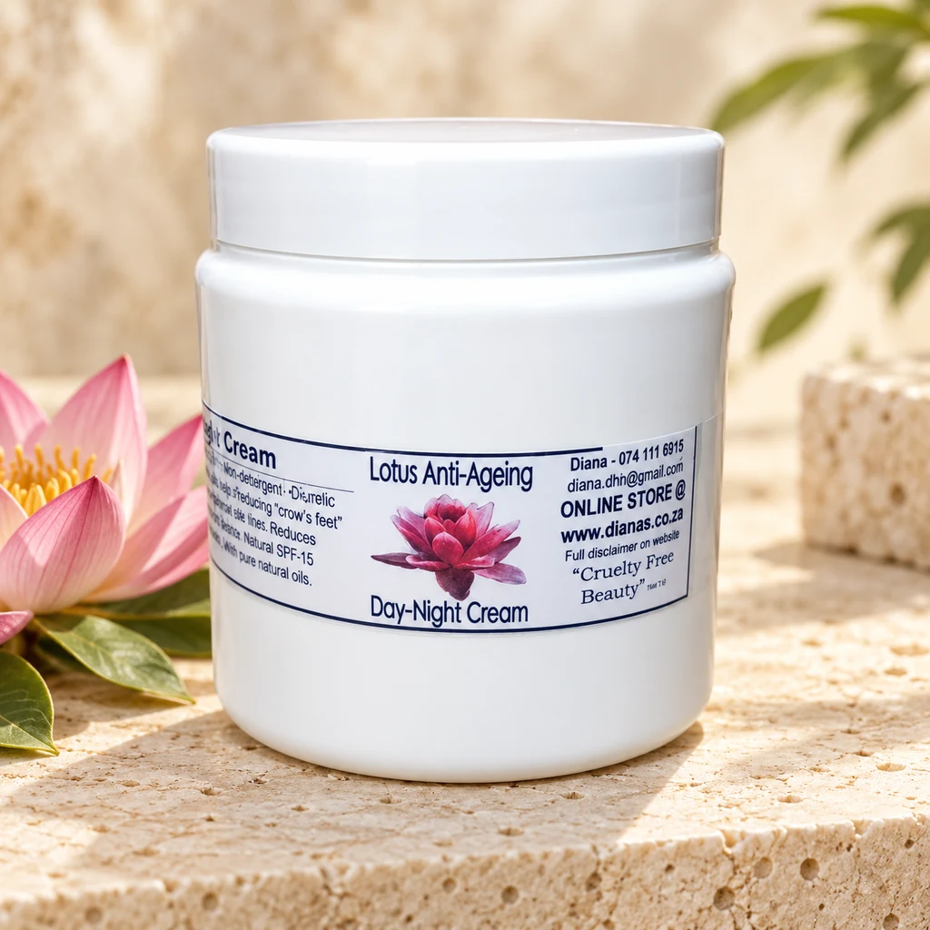 Lotus Anti-Ageing Day-Night Cream — Diana's product in a warm stone editorial setting