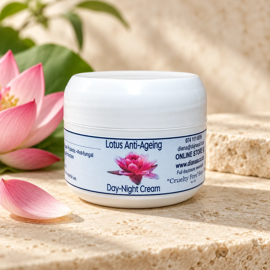 Lotus Anti-Ageing Day-Night Cream — Diana's product in a warm stone editorial setting