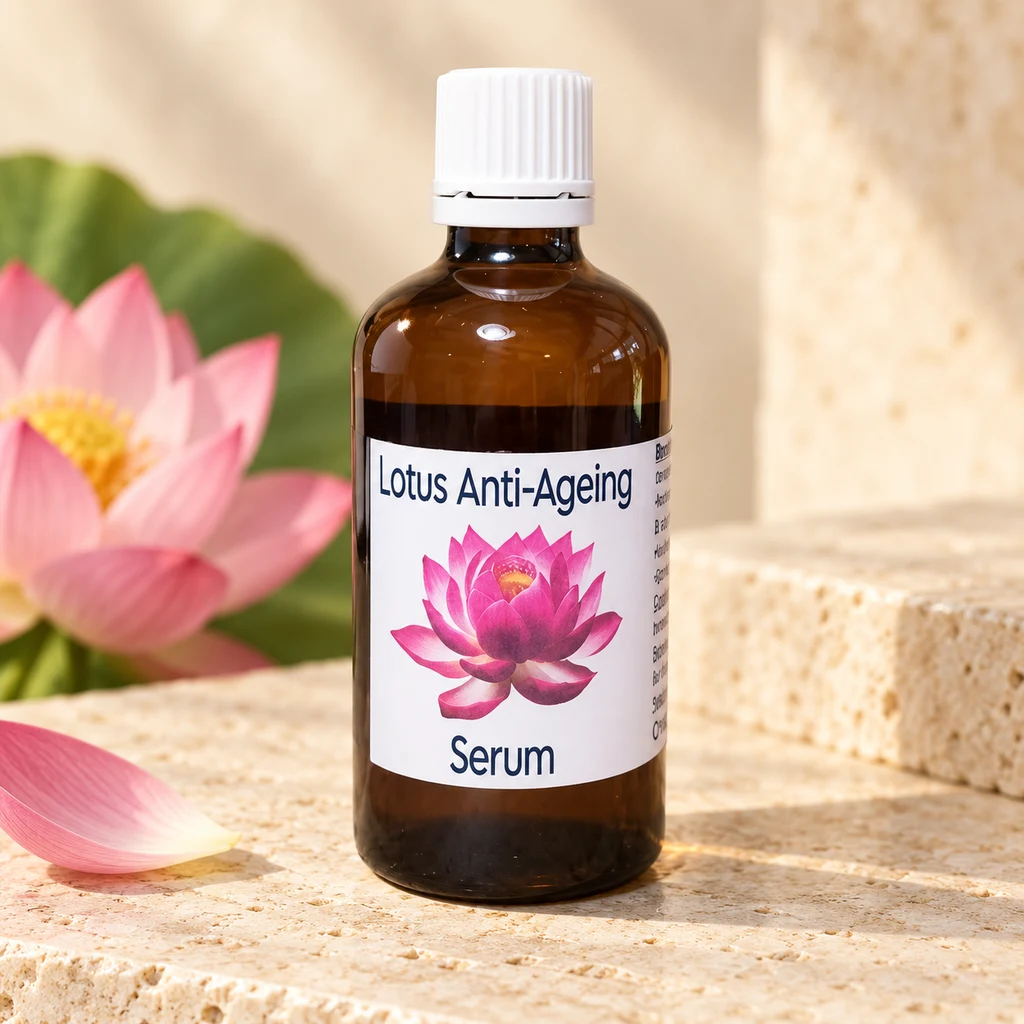 Lotus Anti-Ageing Serum — Diana's product in a warm stone editorial setting