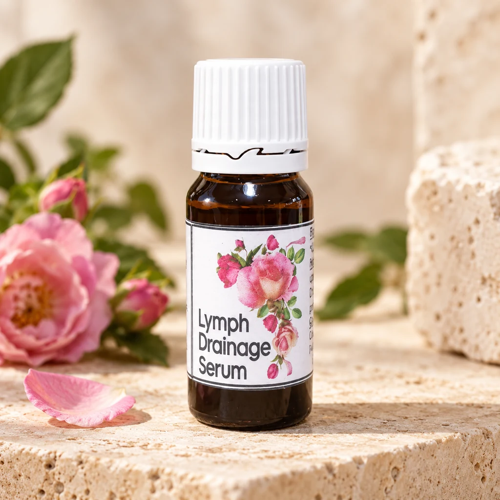 Lymph Drainage Support Serum — Diana's product in a warm stone editorial setting