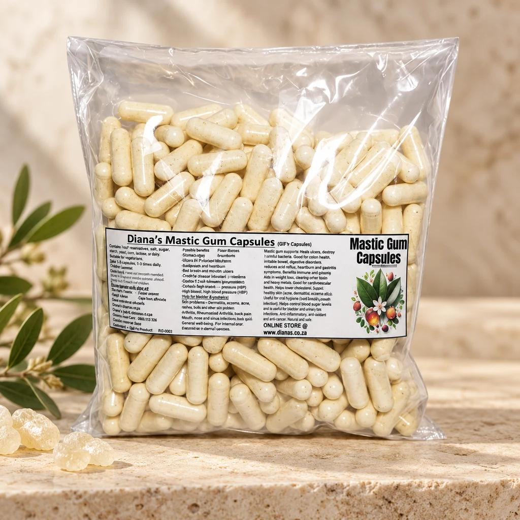 Mastic Gum 600mg “Vegan” Capsules – 360’s — Diana's product in a warm stone editorial setting