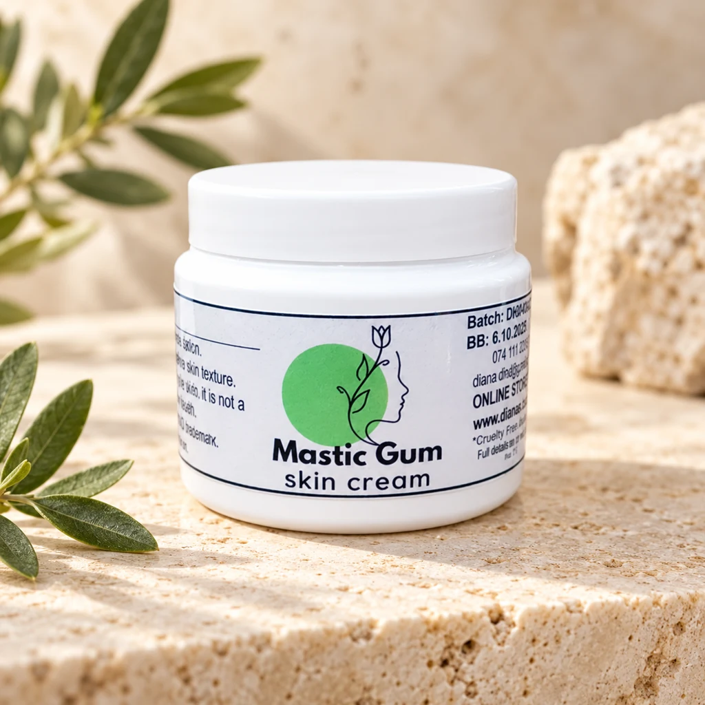 Mastic Gum Skin Cream — Diana's product in a warm stone editorial setting