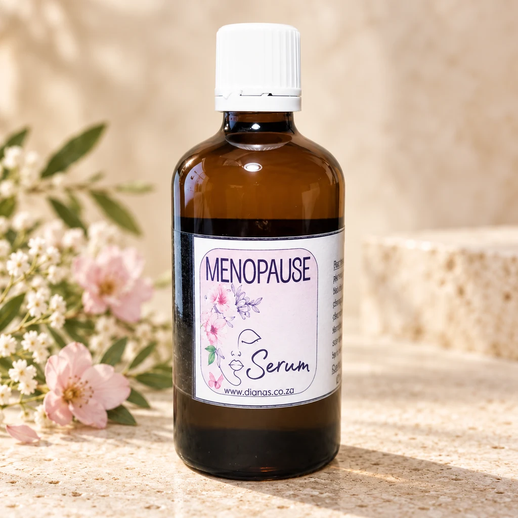Menopause Support Serum — Diana's product in a warm stone editorial setting