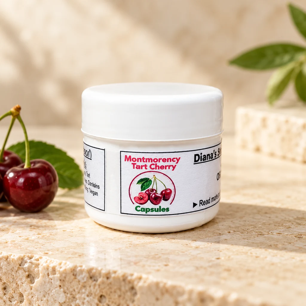 Montmorency Tart Cherry 800mg “Vegan” Capsules – 10’s — Diana's product in a warm stone editorial setting