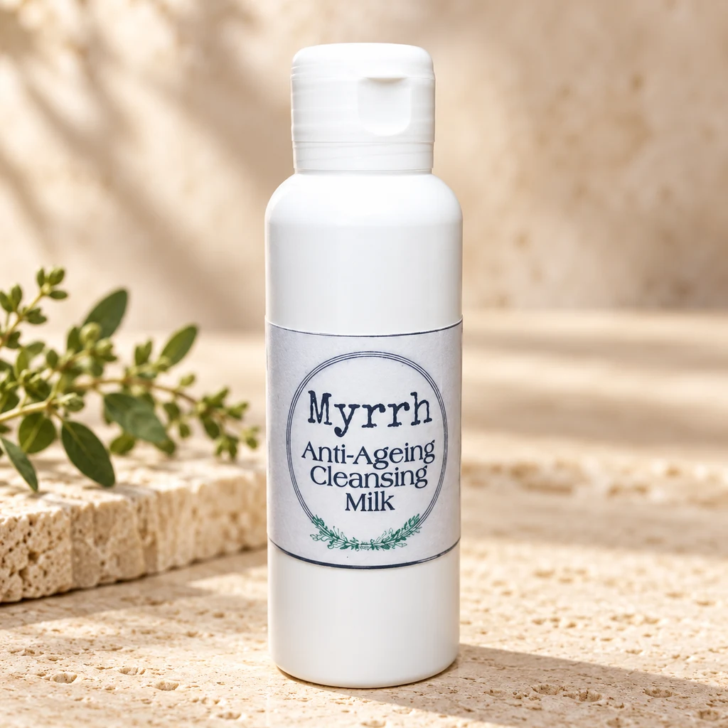 Myrrh Anti-Ageing Cleansing Milk — Diana's product in a warm stone editorial setting