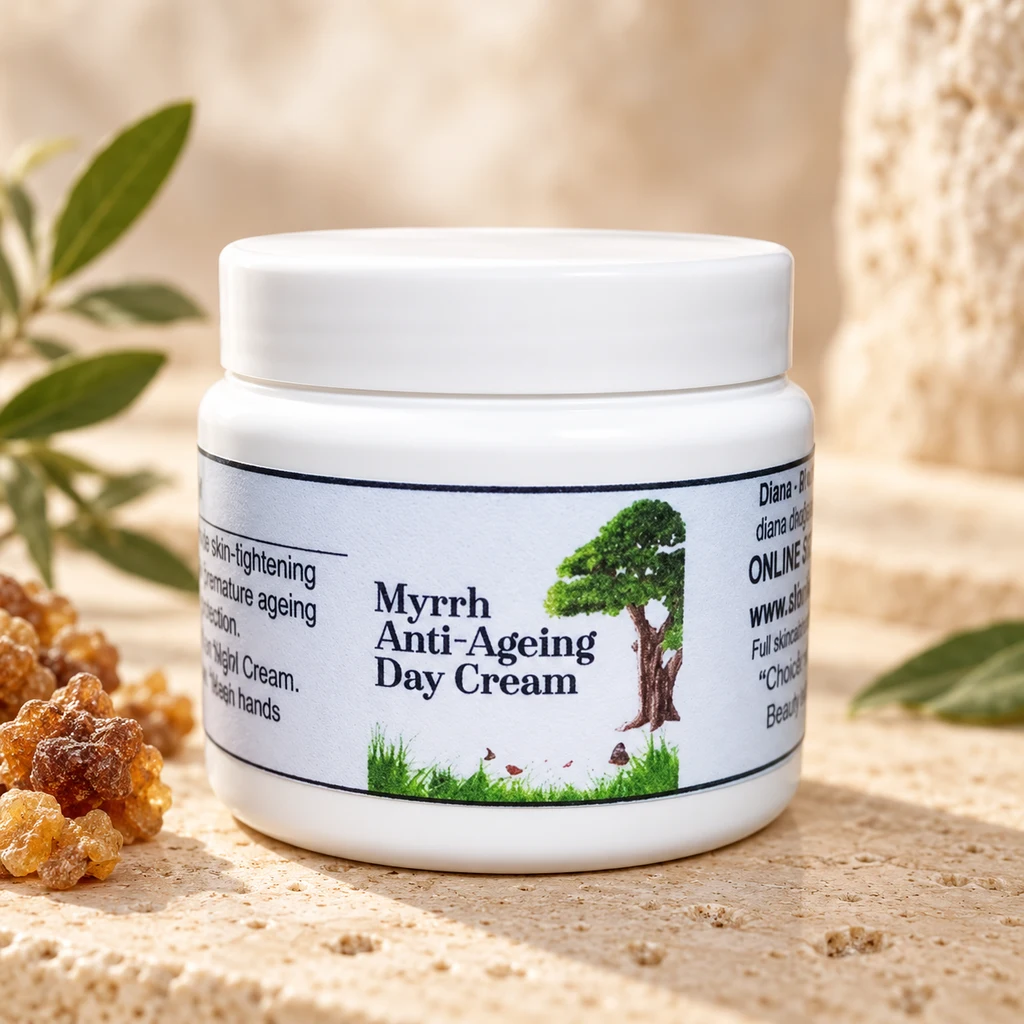 Myrrh Anti-Ageing Day Cream — Diana's product in a warm stone editorial setting