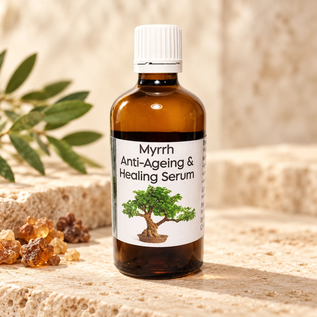 Myrrh Anti-Ageing & Healing Serum — Diana's product in a warm stone editorial setting