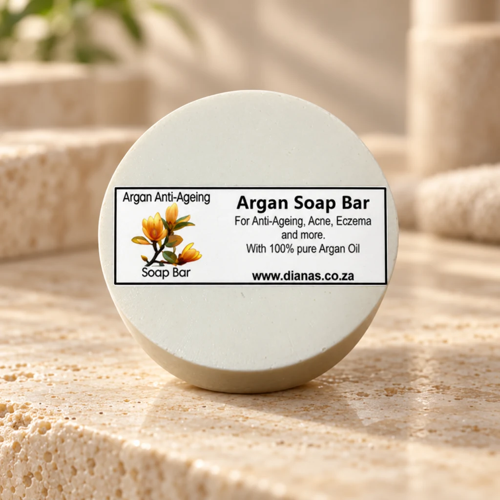 Argan Anti-Ageing Soap Bar — Diana's product in a warm stone editorial setting