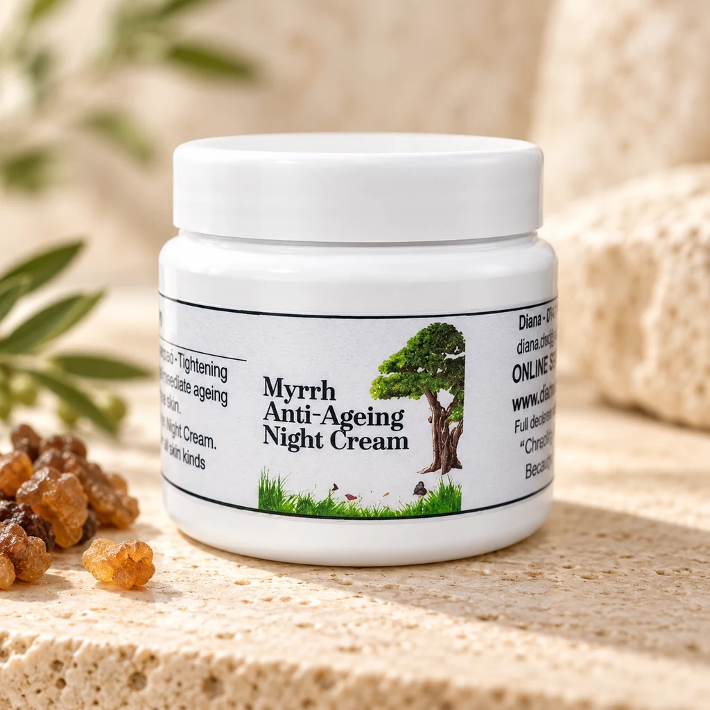 Myrrh Anti-Ageing Night Cream — Diana's product in a warm stone editorial setting