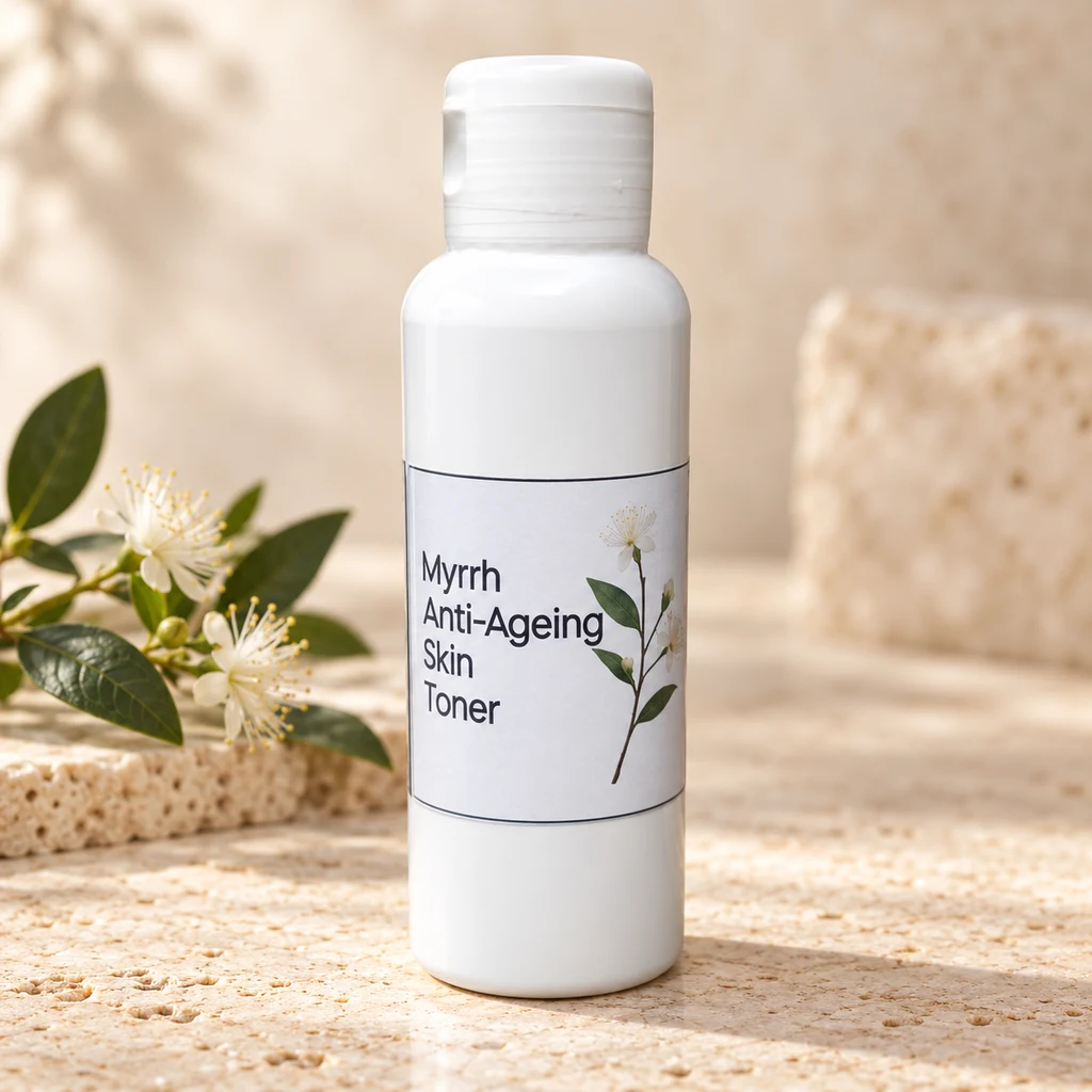 Myrrh Anti-Ageing Skin Toner — Diana's product in a warm stone editorial setting