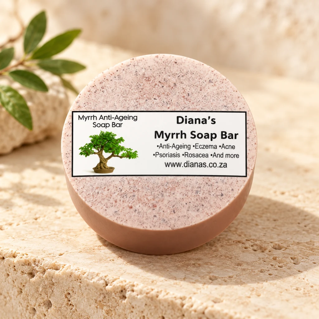 Myrrh Anti-Ageing Soap Bar — Diana's product in a warm stone editorial setting