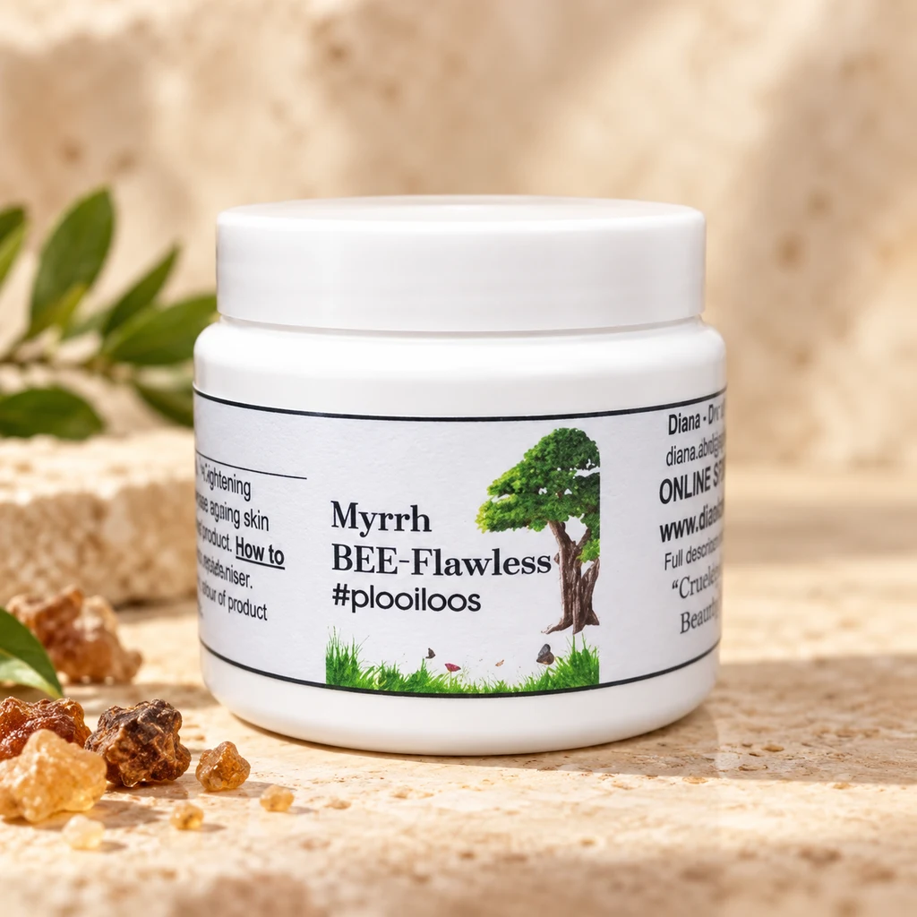 Myrrh BEE-Flawless #plooiloos — Diana's product in a warm stone editorial setting