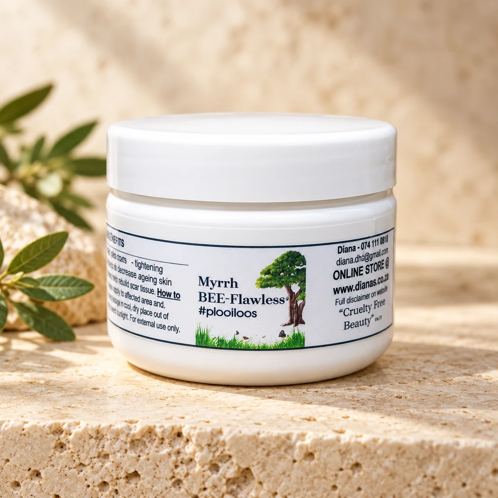 Myrrh BEE-Flawless #plooiloos — Diana's product in a warm stone editorial setting