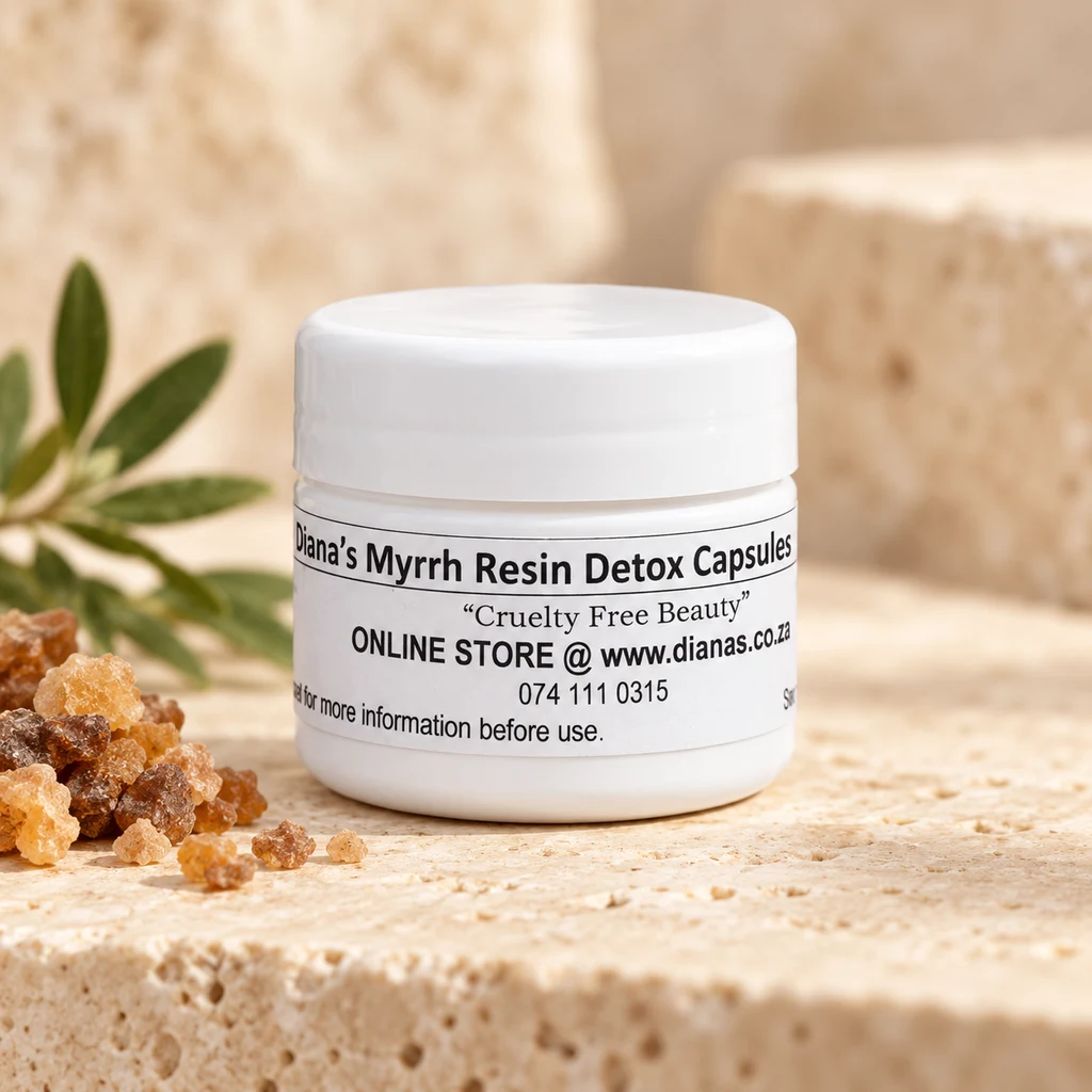 Myrrh Resin Detox 600mg “Vegan” Capsules – 10’s — Diana's product in a warm stone editorial setting