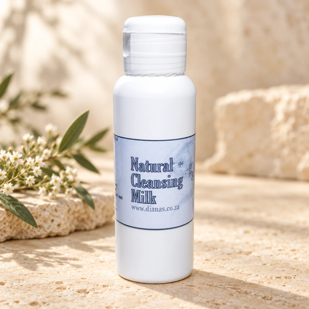 Natural Cleansing Milk — Diana's product in a warm stone editorial setting
