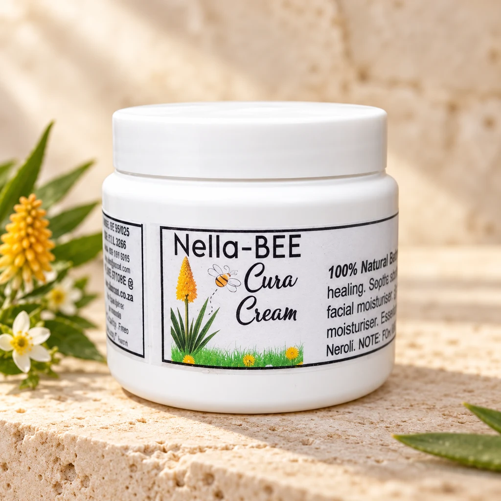 Nella-BEE Cura Cream — Diana's product in a warm stone editorial setting