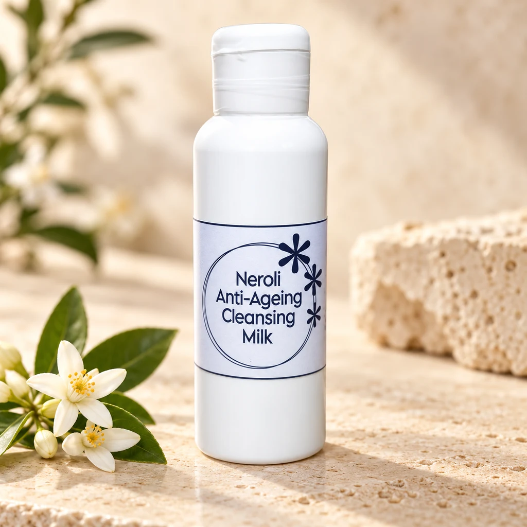 Neroli Anti-Ageing Cleansing Milk — Diana's product in a warm stone editorial setting