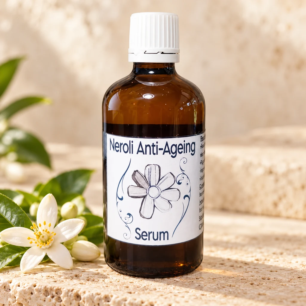 Neroli Anti-Ageing Serum — Diana's product in a warm stone editorial setting