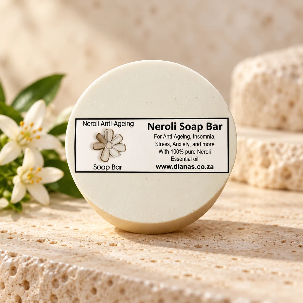 Neroli Anti-Ageing Soap Bar — Diana's product in a warm stone editorial setting