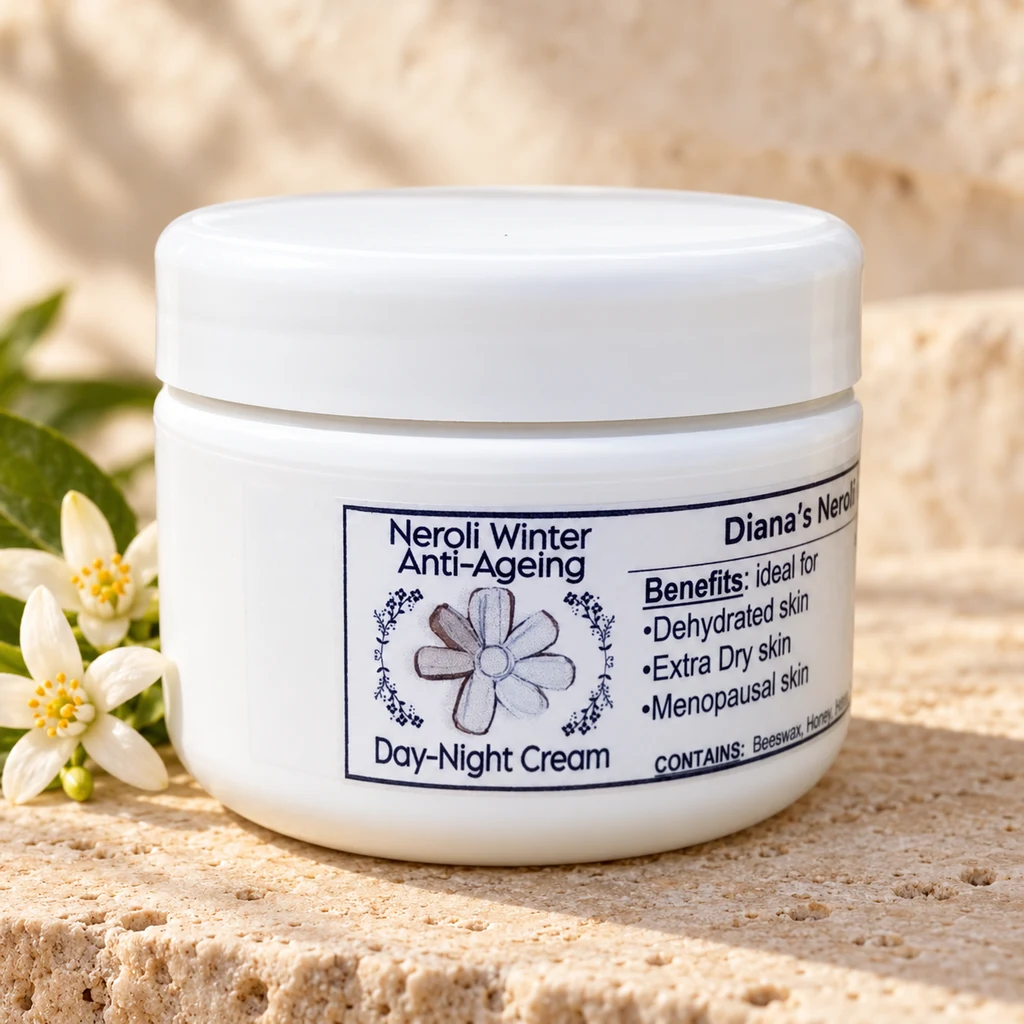 Neroli Winter Anti-Ageing Day-Night Cream — Diana's product in a warm stone editorial setting