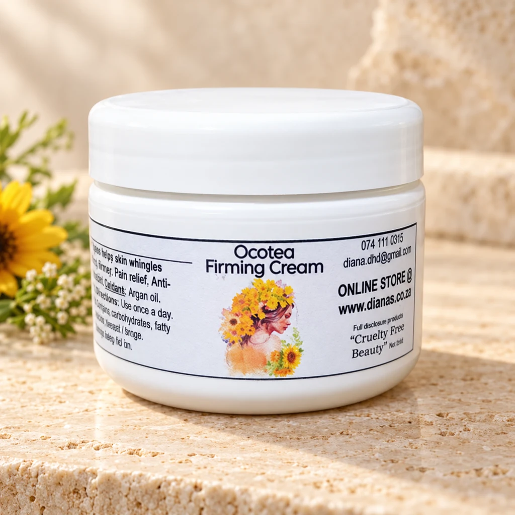 Ocotea Firming Cream — Diana's product in a warm stone editorial setting