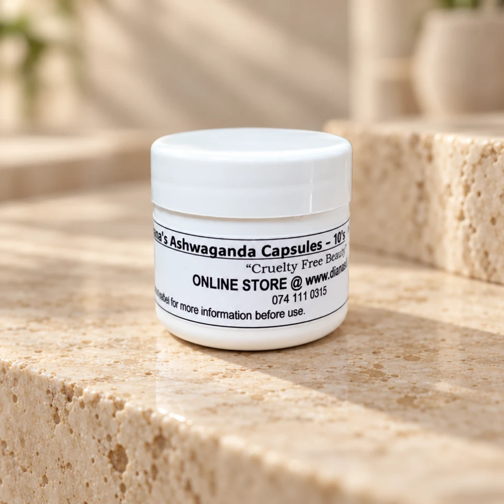 Ashwaganda 600mg “Vegan” Capsules – 10’s — Diana's product in a warm stone editorial setting