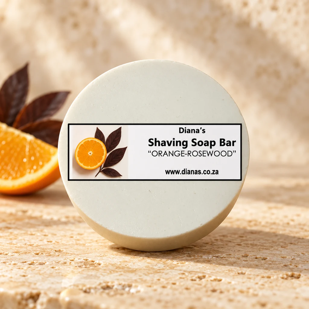 Shaving Orange-Rosewood Soap Bar — Diana's product in a warm stone editorial setting