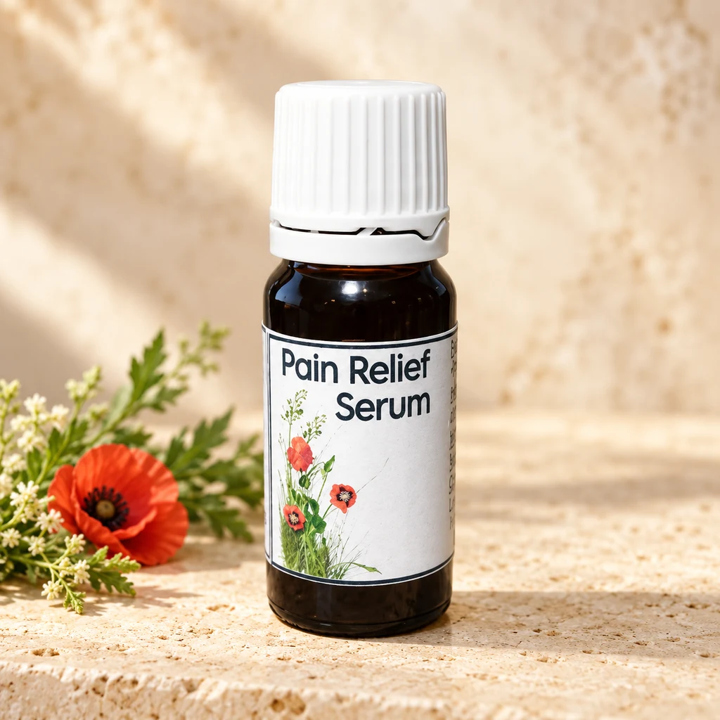Pain Support Serum — Diana's product in a warm stone editorial setting