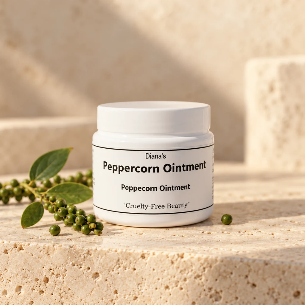 Peppercorn Ointment — Diana's product in a warm stone editorial setting