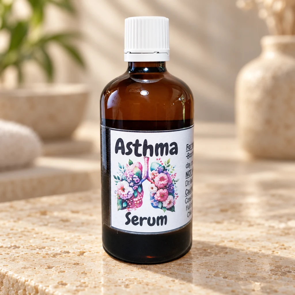 Asthma Support Serum — Diana's product in a warm stone editorial setting