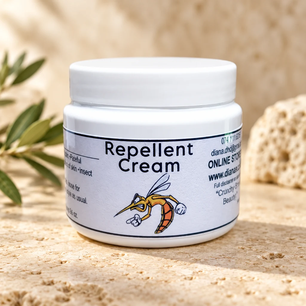Repellent Cream — Diana's product in a warm stone editorial setting
