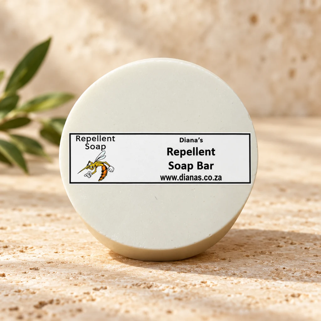 Repellent Soap Bar — Diana's product in a warm stone editorial setting