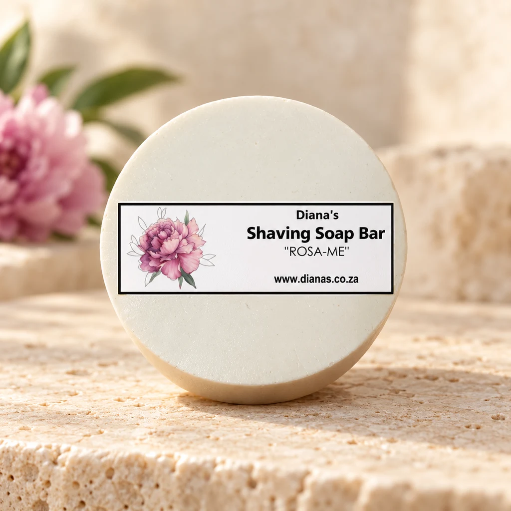 Shaving Rosa-Me Soap Bar — Diana's product in a warm stone editorial setting