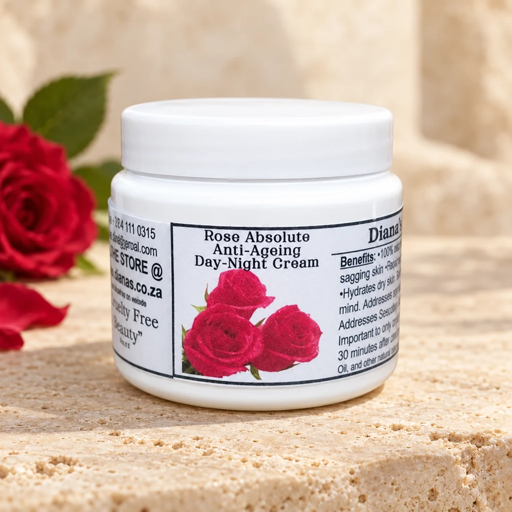 Rose Absolute Anti-Ageing Day-Night Cream — Diana's product in a warm stone editorial setting
