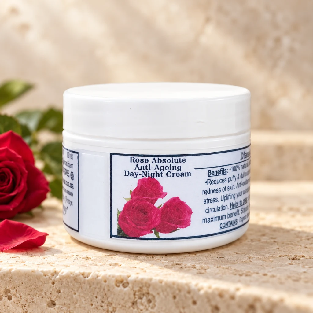 Rose Absolute Anti-Ageing Day-Night Cream — Diana's product in a warm stone editorial setting