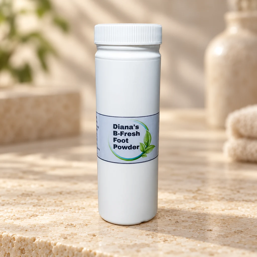 B-Fresh Foot Powder — Diana's product in a warm stone editorial setting