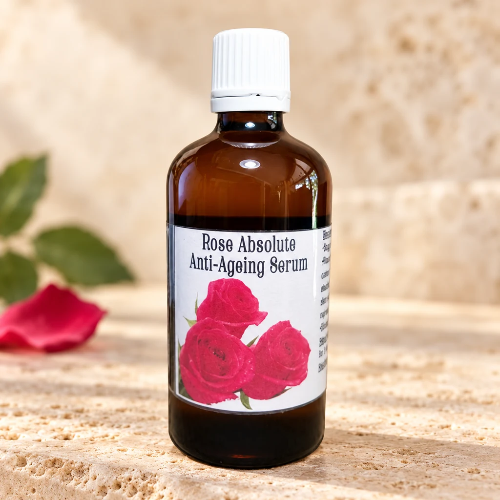 Rose Absolute Anti-Ageing Serum — Diana's product in a warm stone editorial setting