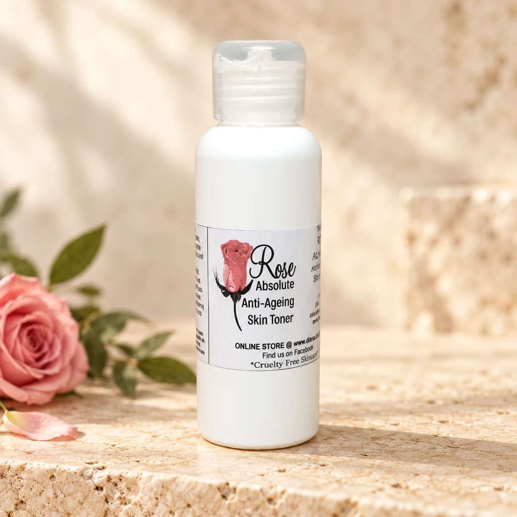 Rose Absolute Anti-Ageing Skin Toner — Diana's product in a warm stone editorial setting