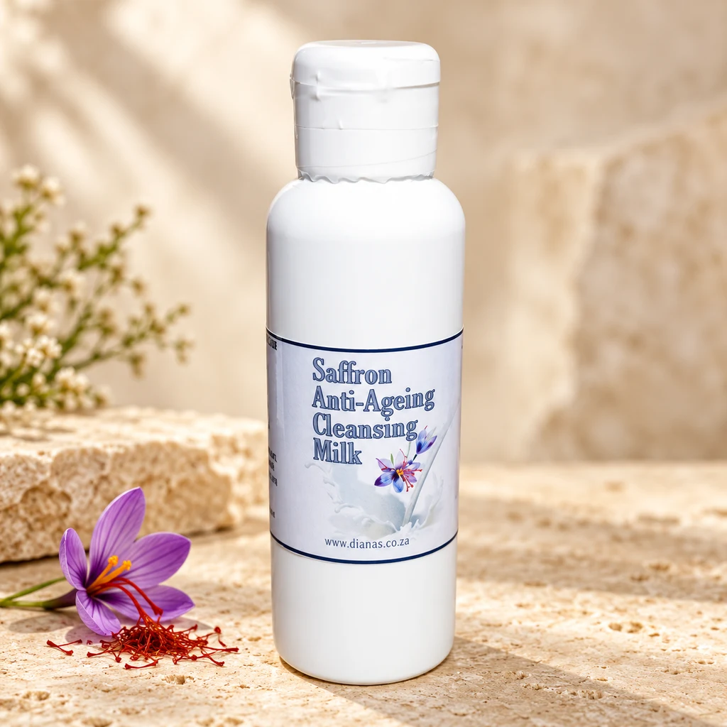 Saffron Anti-Ageing Cleansing Milk — Diana's product in a warm stone editorial setting