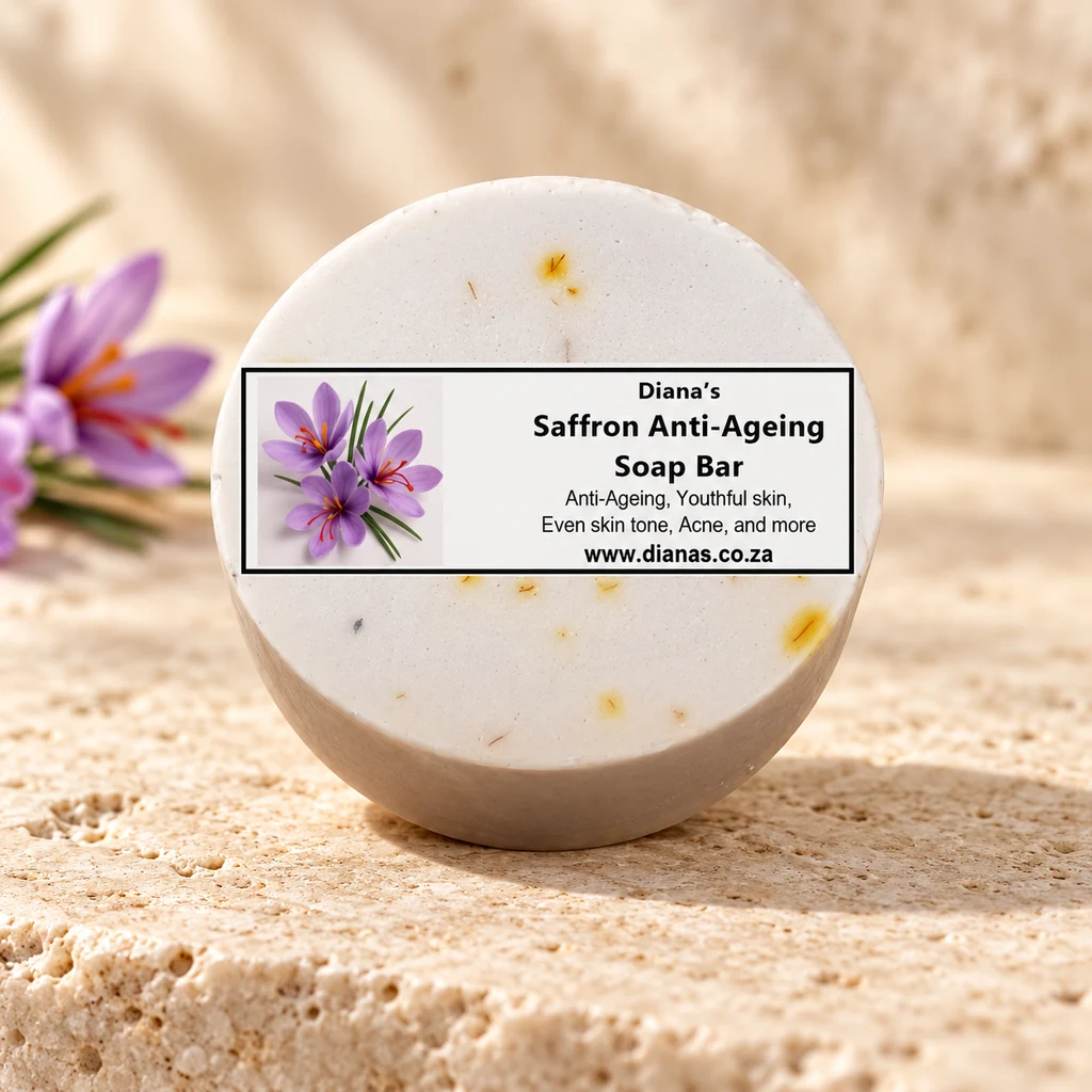 Saffron Anti-Ageing Soap Bar — Diana's product in a warm stone editorial setting